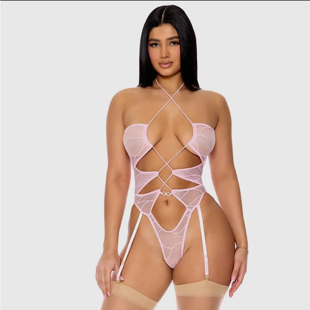 Pink Revealing Strappy Lingerie Bodysuit - Picture 5 of 8